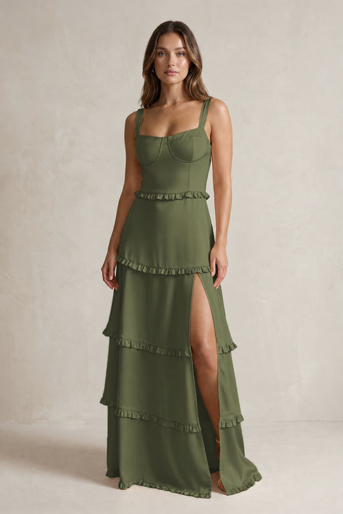Tiered Ruffled A-Line Bridesmaid Dress With Slit in Willow Green | KISSBRIDAL