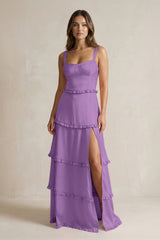 Tiered Ruffled A - Line Bridesmaid Dress With Slit in Wisteria - KISS BRIDAL Bridesmaid Dresses