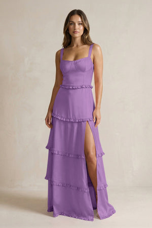 Tiered Ruffled A - Line Bridesmaid Dress With Slit in Wisteria - KISS BRIDAL Bridesmaid Dresses