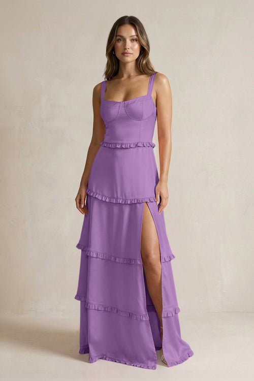 Tiered Ruffled A - Line Bridesmaid Dress With Slit in Wisteria - KISS BRIDAL Bridesmaid Dresses