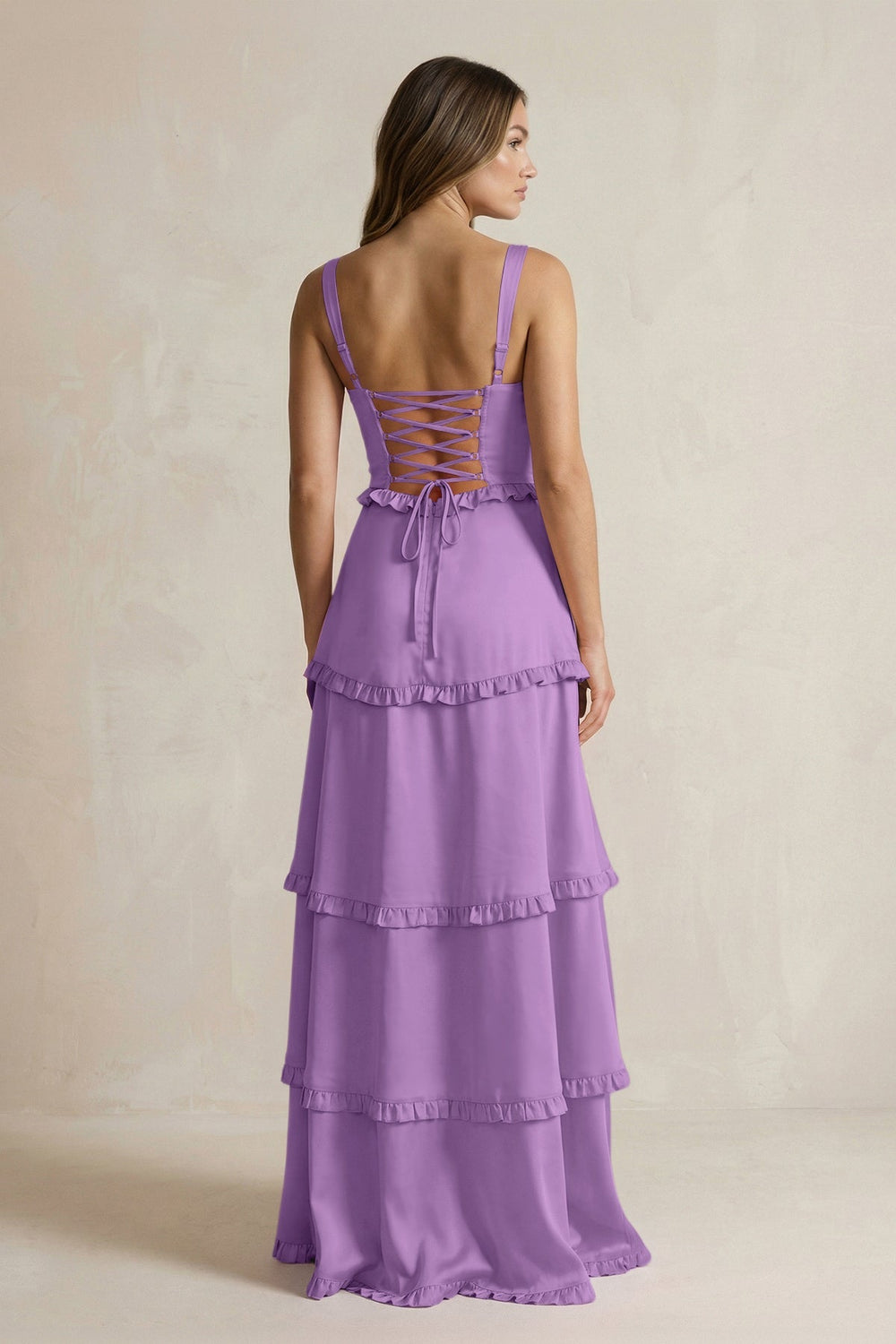 Tiered Ruffled A - Line Bridesmaid Dress With Slit in Wisteria - KISS BRIDAL Bridesmaid Dresses