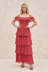 Tiered Ruffled Off-the-Shoulder Pleated Maxi Dress in Merlot – KISS BRIDAL Dresses