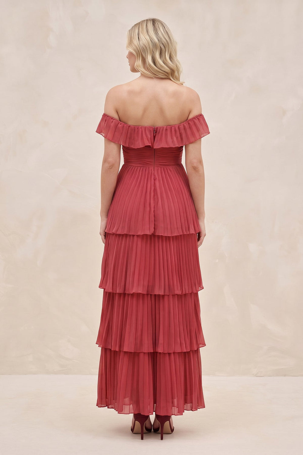 Tiered Ruffled Off-the-Shoulder Pleated Maxi Dress in Merlot – KISS BRIDAL Dresses