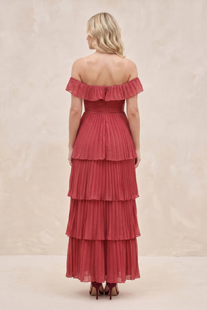 Tiered Ruffled Off-the-Shoulder Pleated Maxi Dress in Merlot – SHE IS ME Dresses