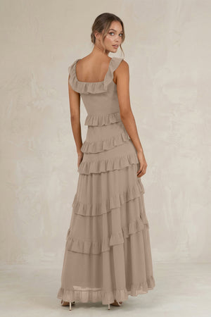 Tiered Square Neck Ruffled A-Line Bridesmaid Dress in Almond (2) | KISSBRIDAL