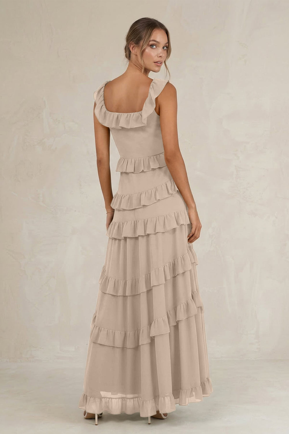 Tiered Square Neck Ruffled A - Line Bridesmaid Dress in Almond - KISS BRIDAL Bridesmaid Dresses