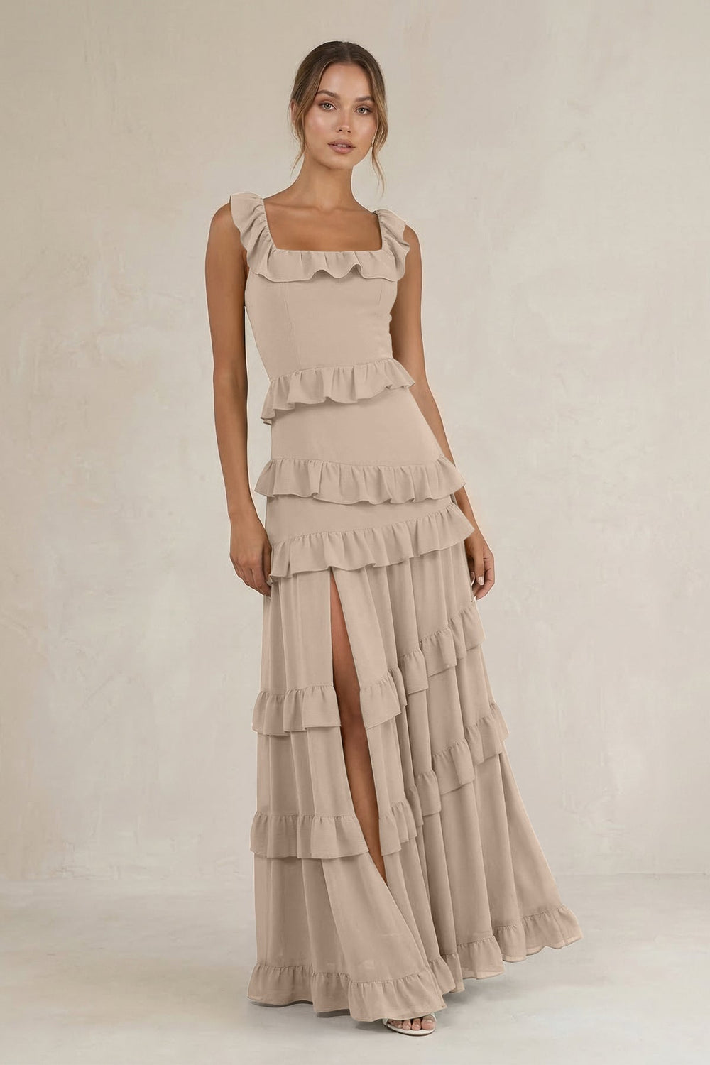 Tiered Square Neck Ruffled A - Line Bridesmaid Dress in Almond - KISS BRIDAL Bridesmaid Dresses