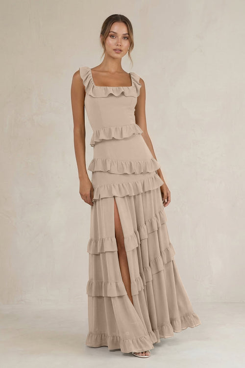 Tiered Square Neck Ruffled A - Line Bridesmaid Dress in Almond - SHE IS ME Bridesmaid Dresses