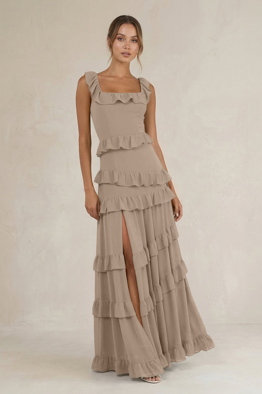 Tiered Square Neck Ruffled A-Line Bridesmaid Dress in Almond