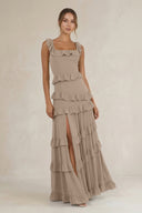 Tiered Square Neck Ruffled A-Line Bridesmaid Dress in Almond | KISSBRIDAL