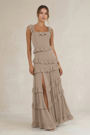 Tiered Square Neck Ruffled A-Line Bridesmaid Dress in Almond | KISSBRIDAL