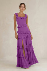 Tiered Square Neck Ruffled A - Line Bridesmaid Dress in Amethyst - KISS BRIDAL Bridesmaid Dresses