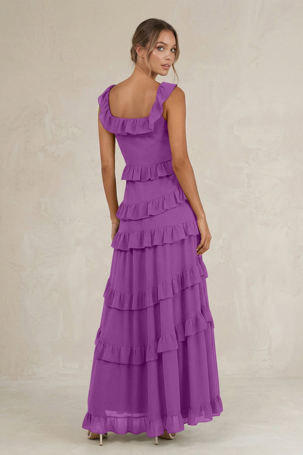Tiered Square Neck Ruffled A - Line Bridesmaid Dress in Amethyst - SHE IS ME Bridesmaid Dresses