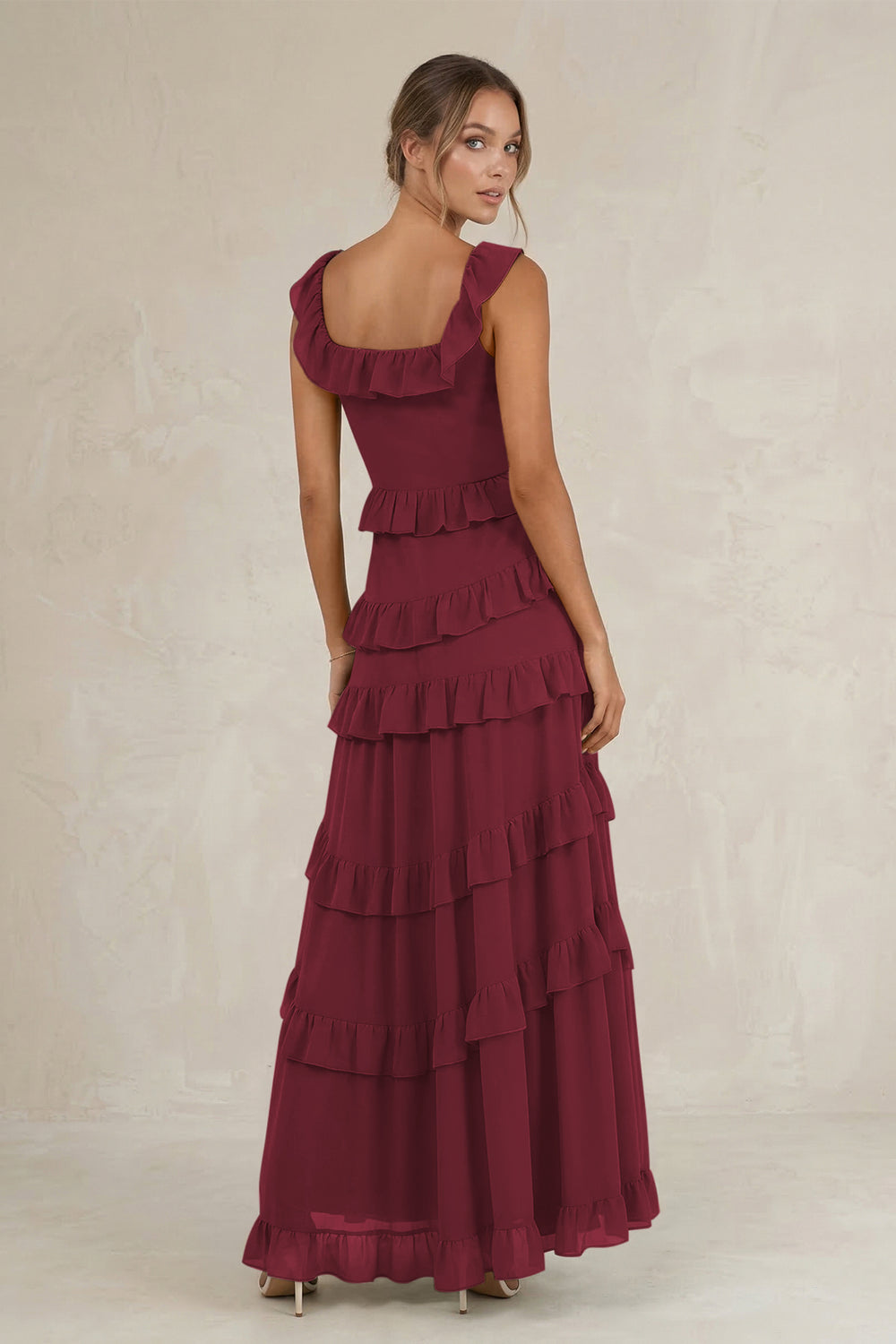 Tiered Square Neck Ruffled A-Line Bridesmaid Dress in Berry