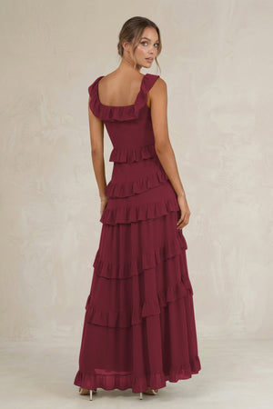 Tiered Square Neck Ruffled A-Line Bridesmaid Dress in Berry (2) | KISSBRIDAL