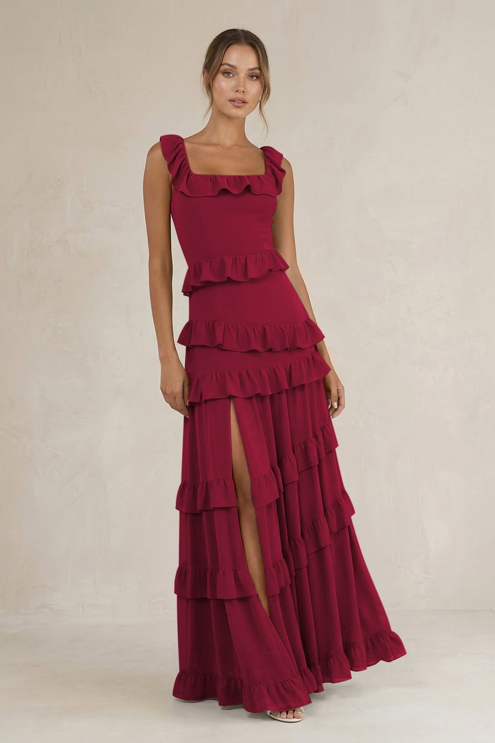 Tiered Square Neck Ruffled A - Line Bridesmaid Dress in Berry - KISS BRIDAL Bridesmaid Dresses
