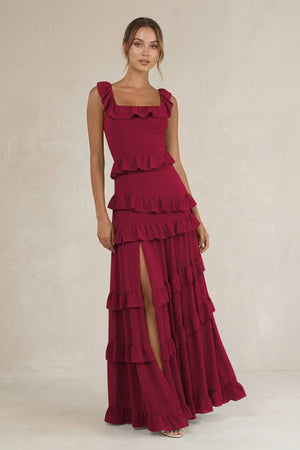 Tiered Square Neck Ruffled A - Line Bridesmaid Dress in Berry - SHE IS ME Bridesmaid Dresses