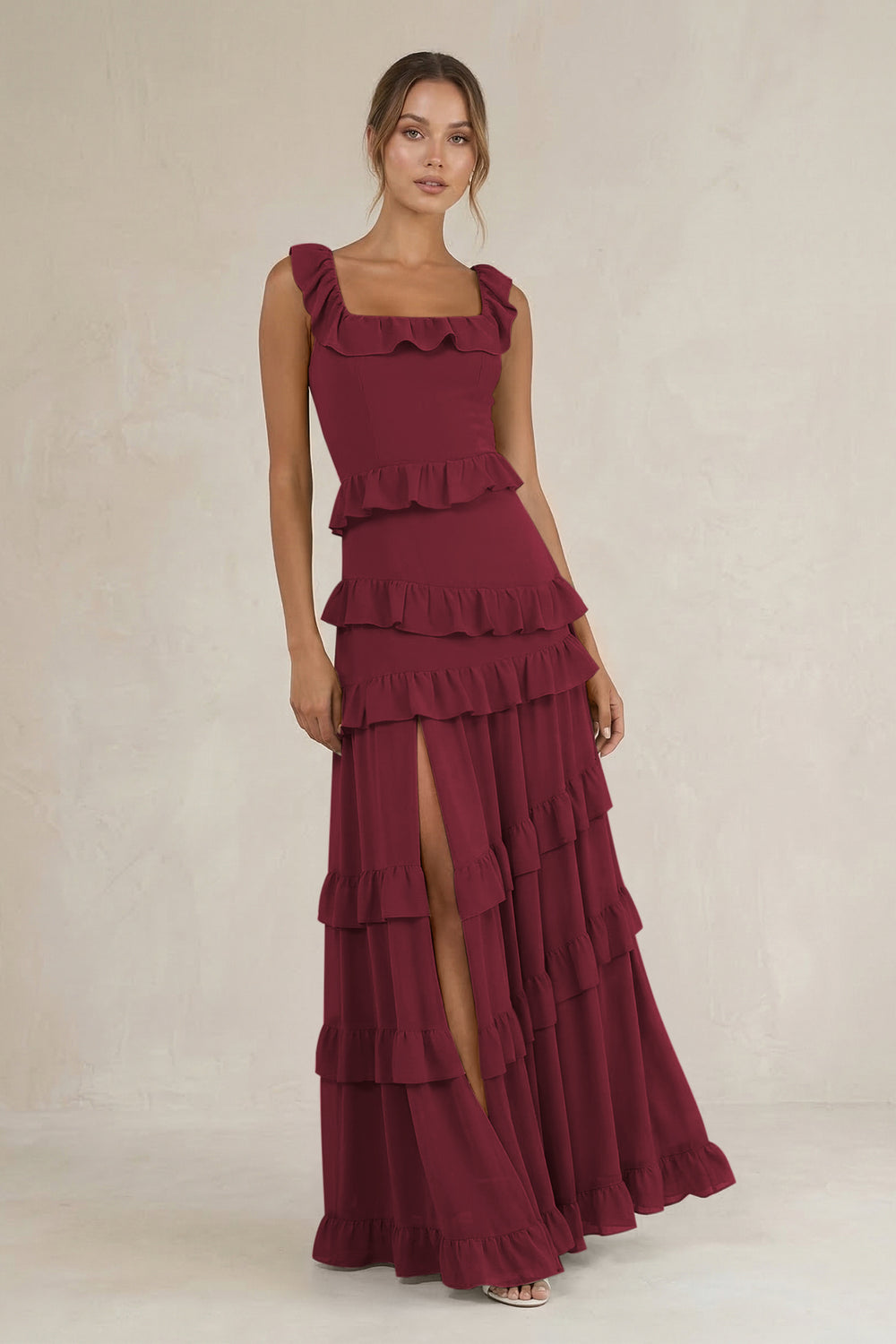 Tiered Square Neck Ruffled A-Line Bridesmaid Dress in Berry