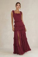 Tiered Square Neck Ruffled A-Line Bridesmaid Dress in Berry | KISSBRIDAL