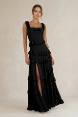 Tiered Square Neck Ruffled A - Line Bridesmaid Dress in Black - KISS BRIDAL Bridesmaid Dresses