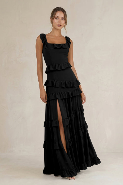 Tiered Square Neck Ruffled A - Line Bridesmaid Dress in Black - SHE IS ME Bridesmaid Dresses