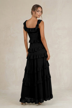 Tiered Square Neck Ruffled A - Line Bridesmaid Dress in Black - SHE IS ME Bridesmaid Dresses