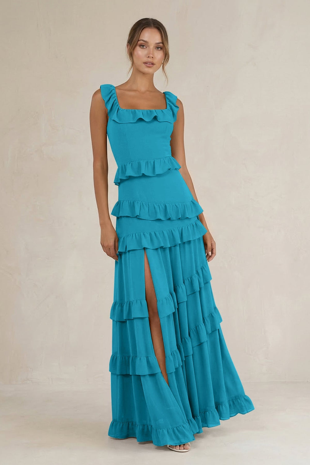 Tiered Square Neck Ruffled A - Line Bridesmaid Dress in Blue Jay - KISS BRIDAL Bridesmaid Dresses