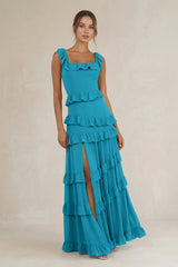 Tiered Square Neck Ruffled A - Line Bridesmaid Dress in Blue Jay - KISS BRIDAL Bridesmaid Dresses