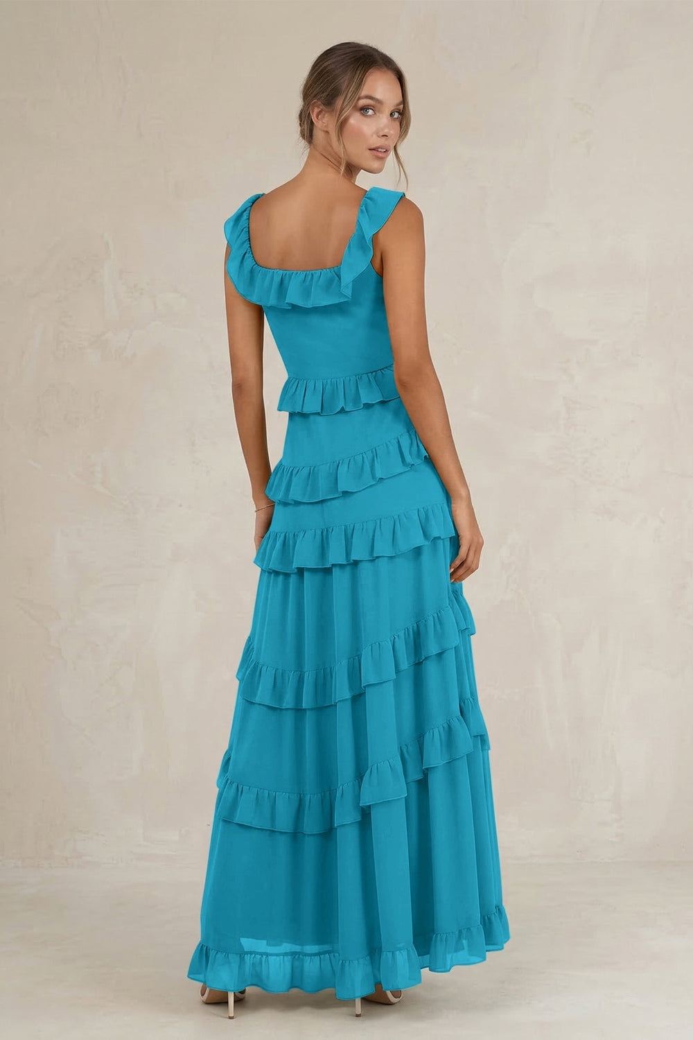 Tiered Square Neck Ruffled A - Line Bridesmaid Dress in Blue Jay - KISS BRIDAL Bridesmaid Dresses