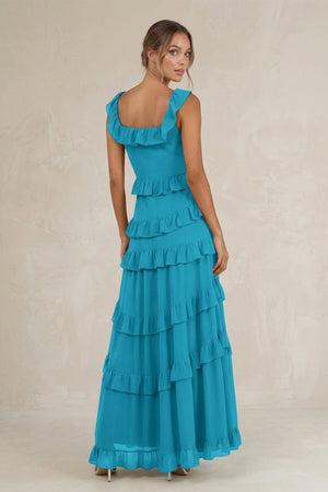 Tiered Square Neck Ruffled A - Line Bridesmaid Dress in Blue Jay - SHE IS ME Bridesmaid Dresses