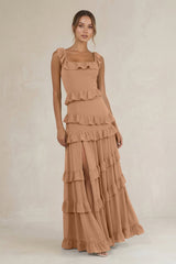 Tiered Square Neck Ruffled A - Line Bridesmaid Dress in Bronzer - KISS BRIDAL Bridesmaid Dresses