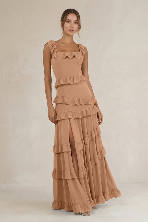 Tiered Square Neck Ruffled A - Line Bridesmaid Dress in Bronzer - SHE IS ME Bridesmaid Dresses