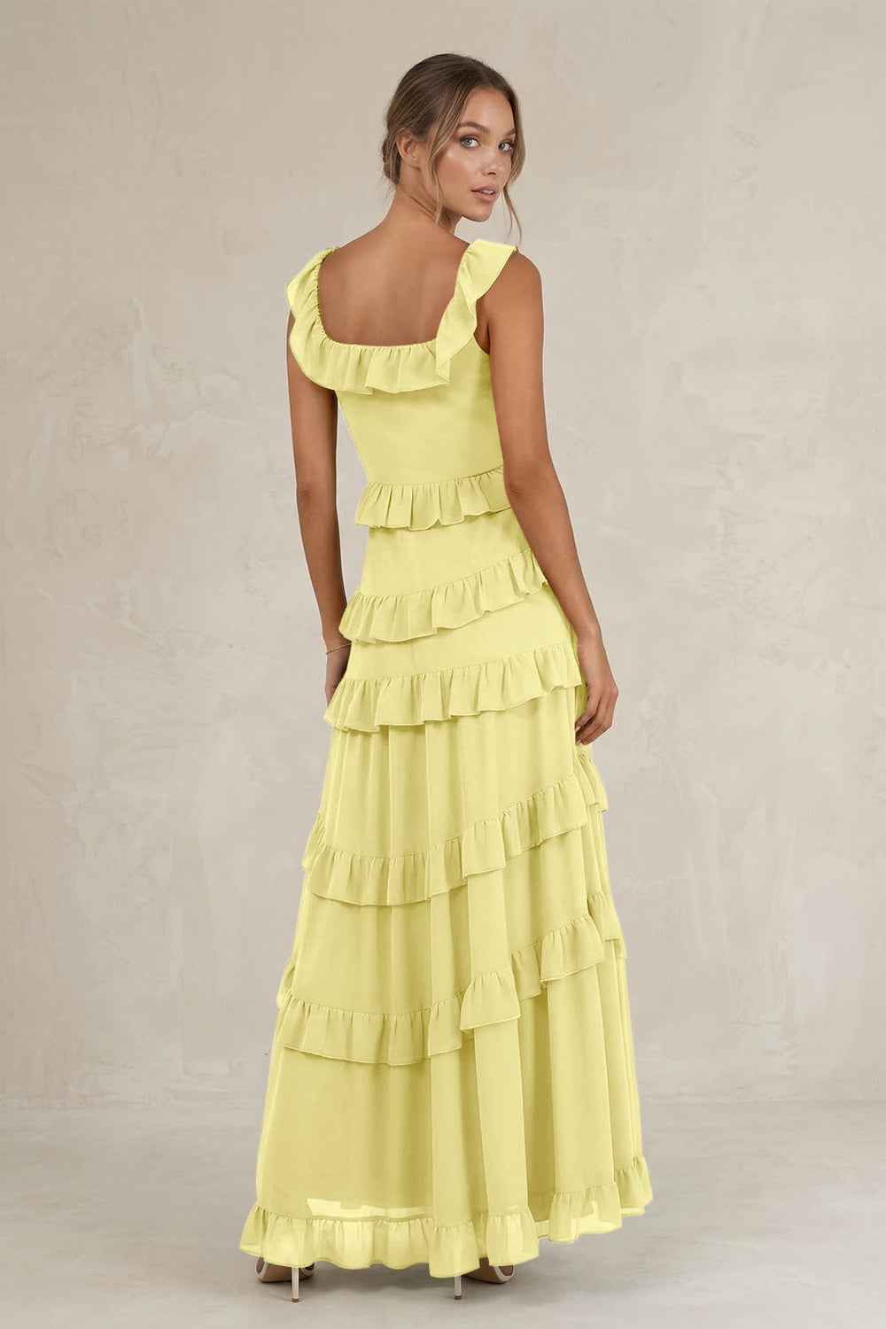 Tiered Square Neck Ruffled A - Line Bridesmaid Dress in Buttercup - KISS BRIDAL Bridesmaid Dresses