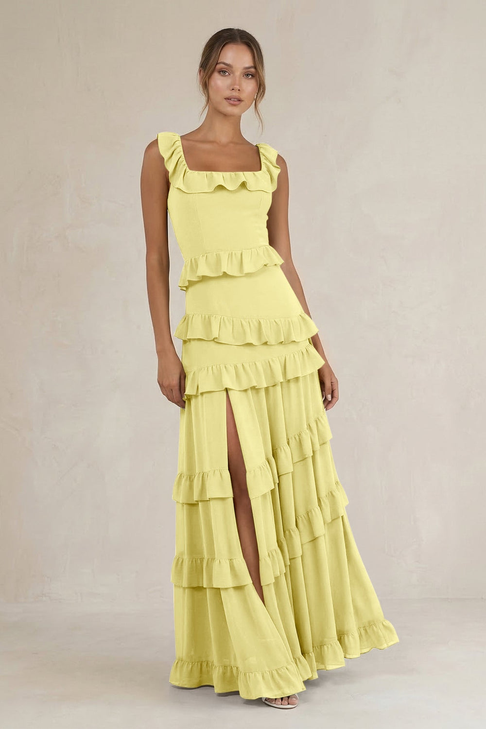 Tiered Square Neck Ruffled A - Line Bridesmaid Dress in Buttercup - KISS BRIDAL Bridesmaid Dresses
