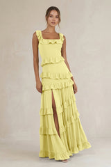 Tiered Square Neck Ruffled A - Line Bridesmaid Dress in Buttercup - KISS BRIDAL Bridesmaid Dresses