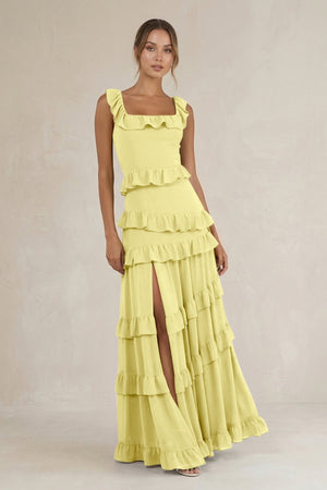 Tiered Square Neck Ruffled A - Line Bridesmaid Dress in Buttercup - SHE IS ME Bridesmaid Dresses