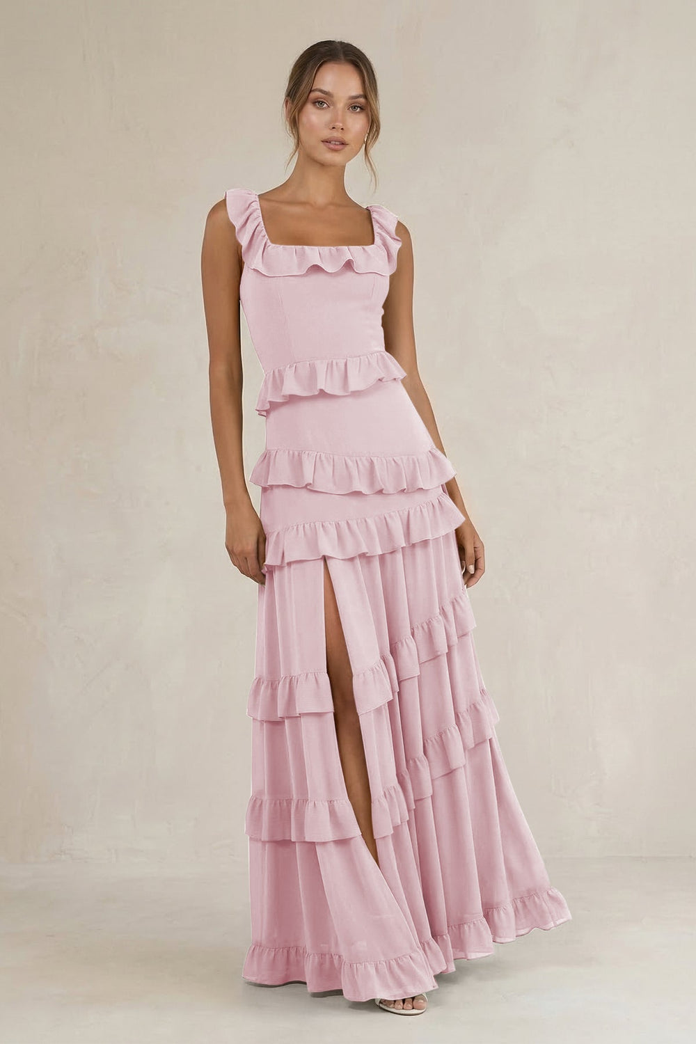 Tiered Square Neck Ruffled A - Line Bridesmaid Dress in Candy Pink - KISS BRIDAL Bridesmaid Dresses
