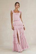Tiered Square Neck Ruffled A - Line Bridesmaid Dress in Candy Pink - SHE IS ME Bridesmaid Dresses