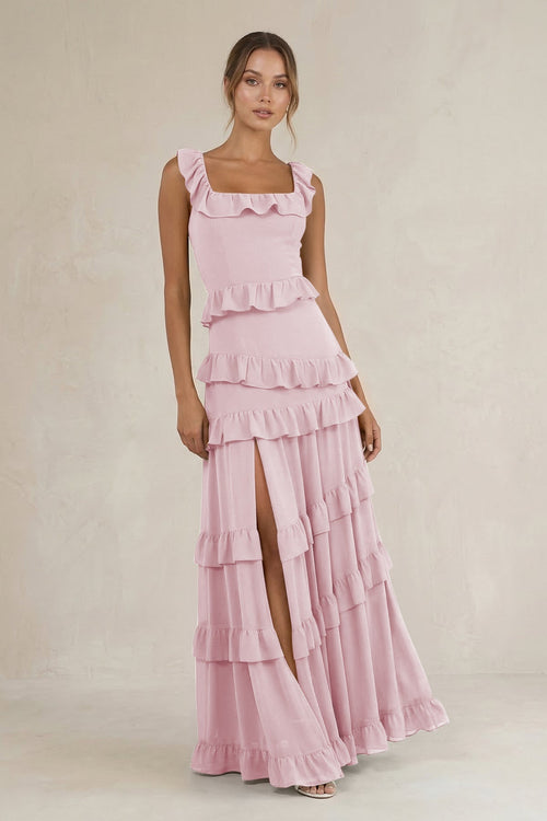 Tiered Square Neck Ruffled A - Line Bridesmaid Dress in Candy Pink - SHE IS ME Bridesmaid Dresses