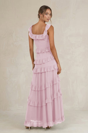 Tiered Square Neck Ruffled A-Line Bridesmaid Dress in Candy Pink (2) | KISSBRIDAL