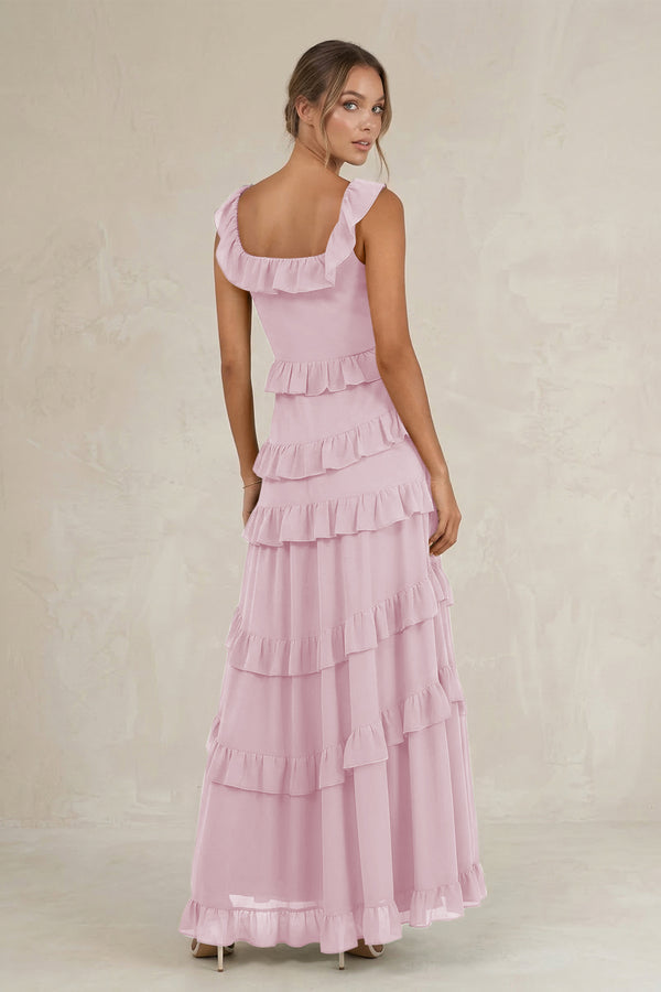 Tiered Square Neck Ruffled A-Line Bridesmaid Dress in Candy Pink (2) | KISSBRIDAL
