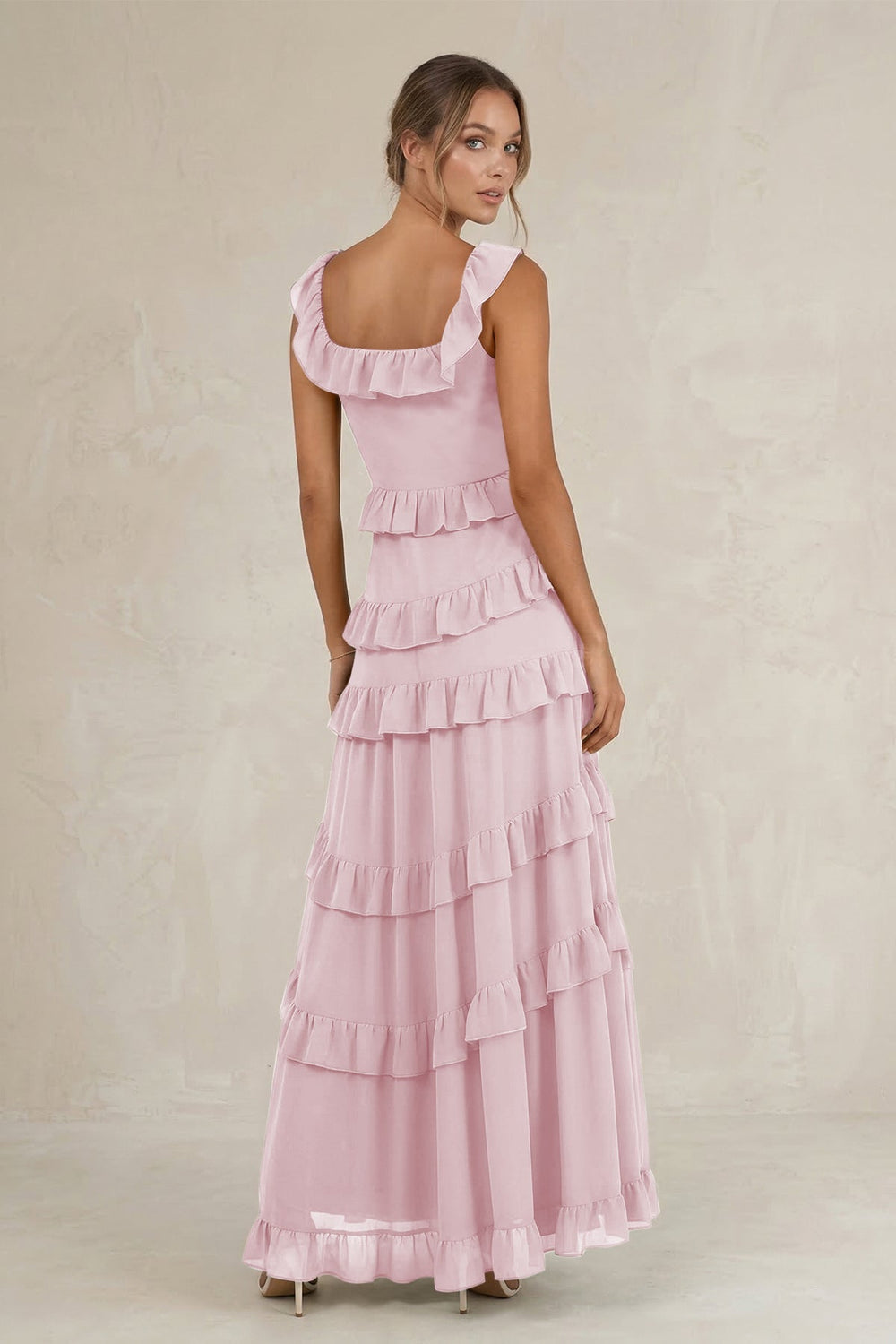 Tiered Square Neck Ruffled A - Line Bridesmaid Dress in Candy Pink - KISS BRIDAL Bridesmaid Dresses
