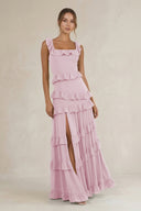 Tiered Square Neck Ruffled A-Line Bridesmaid Dress in Candy Pink | KISSBRIDAL