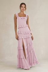 Tiered Square Neck Ruffled A-Line Bridesmaid Dress in Candy Pink | KISSBRIDAL