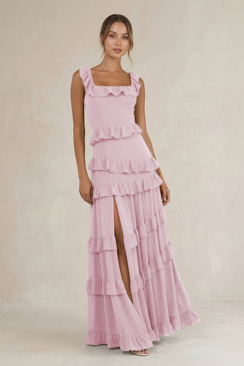 Tiered Square Neck Ruffled A-Line Bridesmaid Dress in Candy Pink | KISSBRIDAL