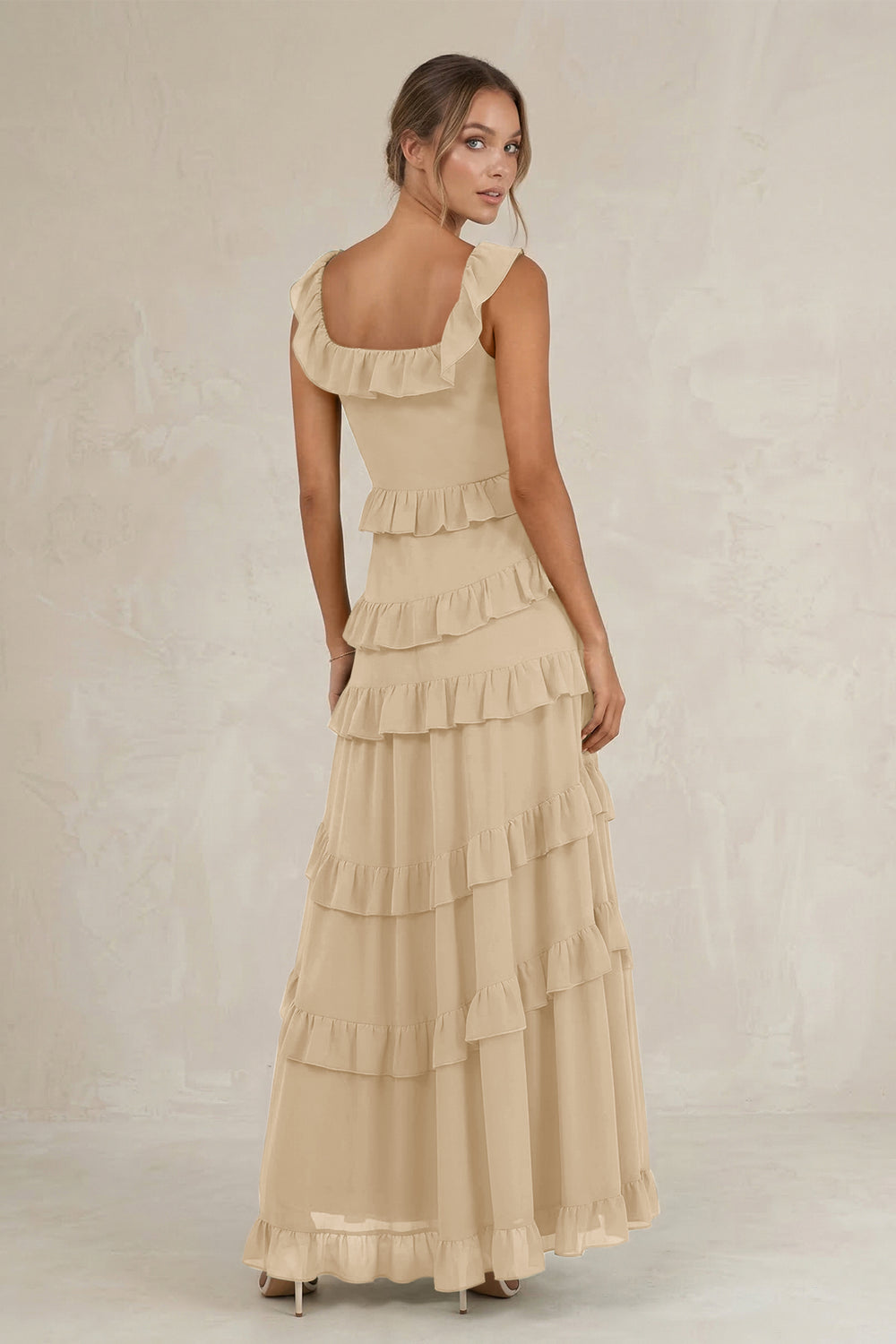 Tiered Square Neck Ruffled A-Line Bridesmaid Dress in Champagne