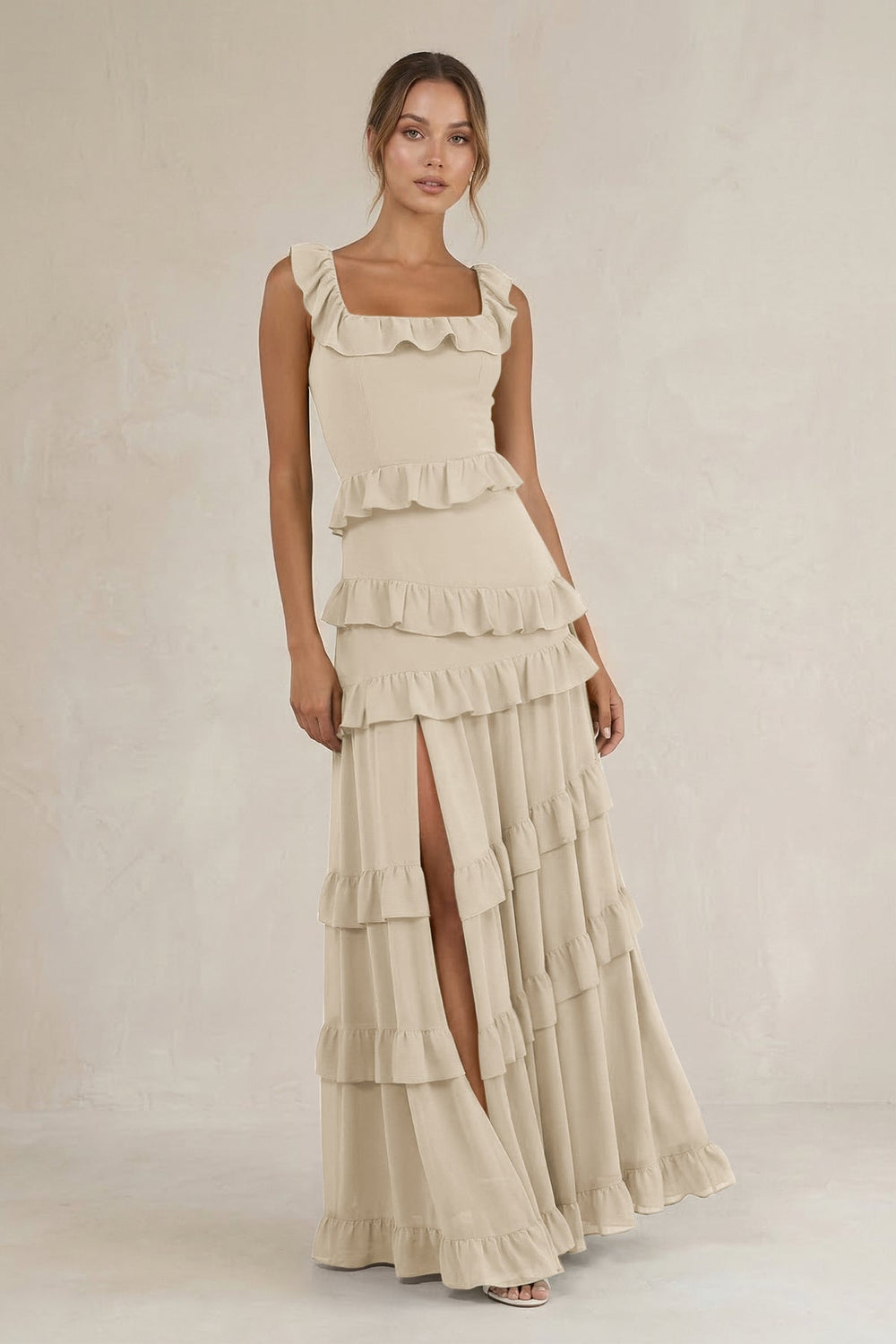 Tiered Square Neck Ruffled A - Line Bridesmaid Dress in Champagne - KISS BRIDAL Bridesmaid Dresses