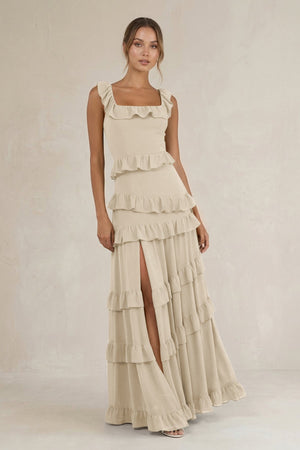 Tiered Square Neck Ruffled A - Line Bridesmaid Dress in Champagne - SHE IS ME Bridesmaid Dresses