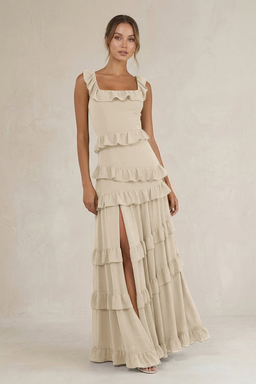 Tiered Square Neck Ruffled A - Line Bridesmaid Dress in Champagne - SHE IS ME Bridesmaid Dresses