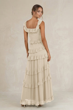 Tiered Square Neck Ruffled A - Line Bridesmaid Dress in Champagne - SHE IS ME Bridesmaid Dresses